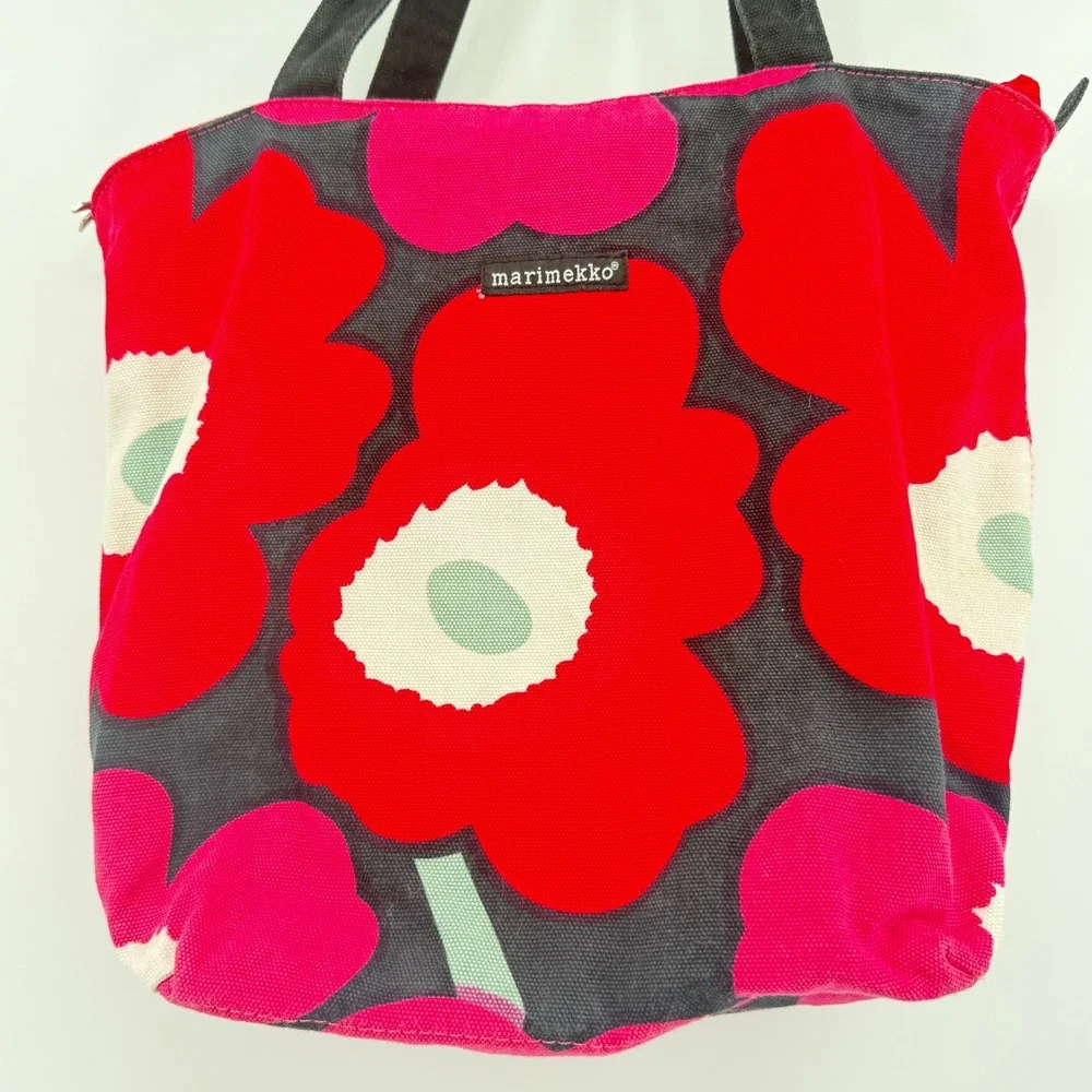 Marimekko Unikko Floral Tote Bag Womens Red Pink Canvas Zipper Shoulder Bag